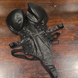 Black Faux Leather Lace-Up Teddy Bodysuit - Size XL
